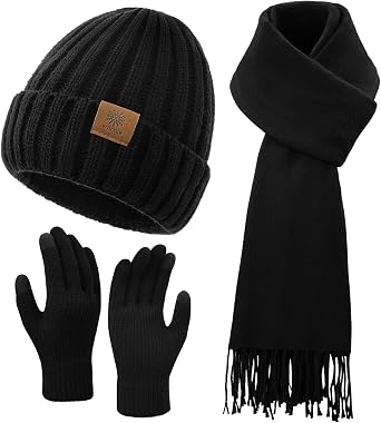 Winter Beanie Hat Scarf Gloves Set for Women Knit Touchscreen Fleece Lined