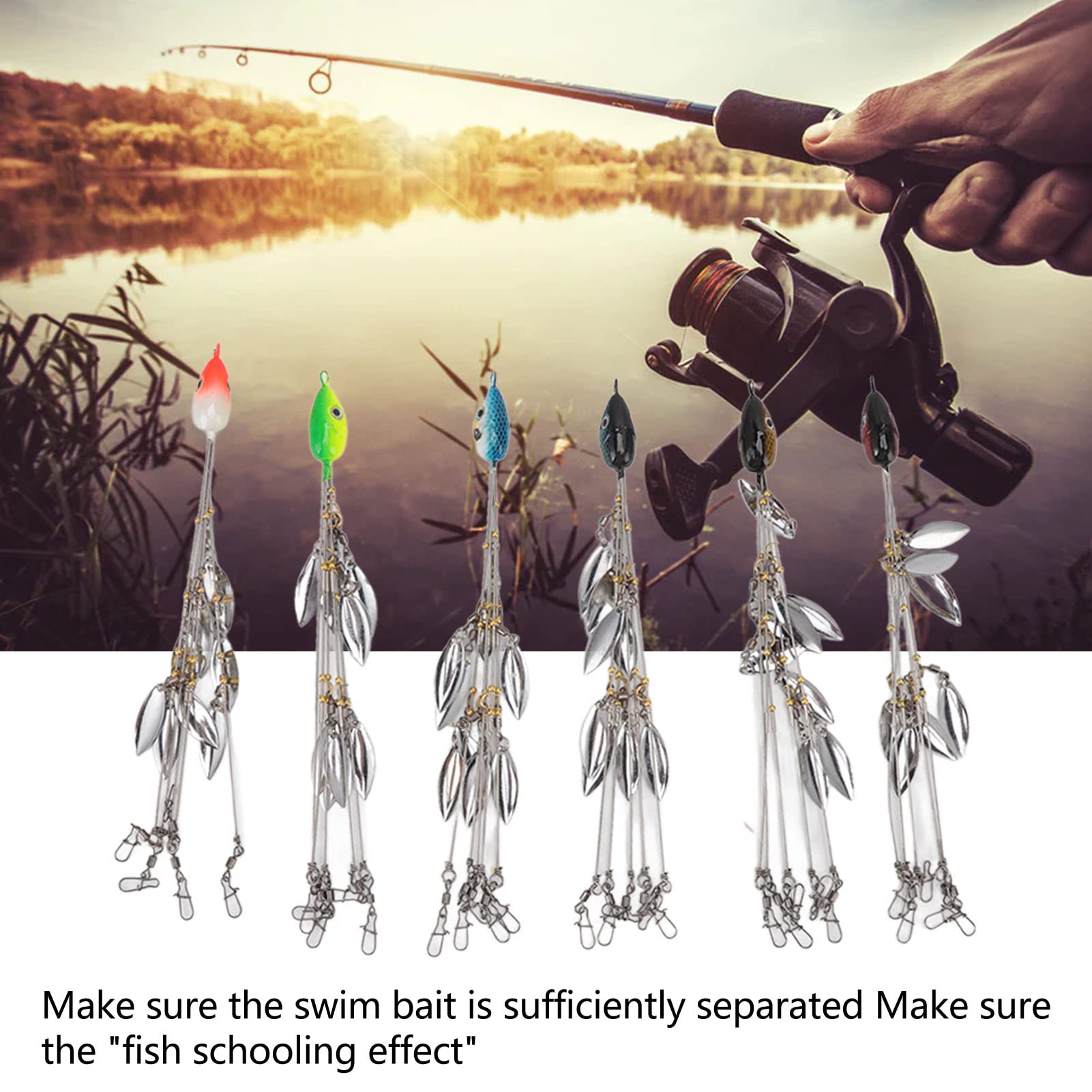 LOCADENCE 6 Pcs Alabama Umbrella Rig Kit, 5 Arms 8 Blades 3D Simulated Ultralight Tripod Bass Lures Bait with Strengthen Ring, Willow Blade Multi Lure Rig with Sequin for Fishing Bass Bait Lure