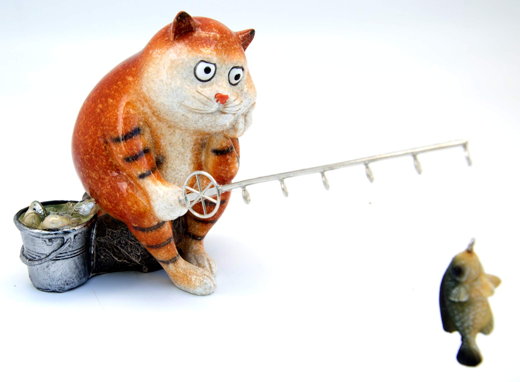 Aljec Ceramic Glazed Ginger Fat Cat Waiting For Fish Ornament Figurine For Cat Lovers