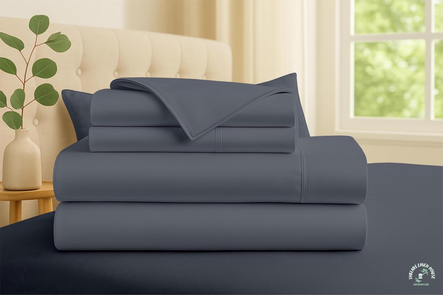 Threads Linen Twin Size 1000 TC 4 Piece Sheet Set 100% Egyptian Cotton Sateen Weave Breathable & Cooling 18" Deep Pocket Hotel Bedding Bed Sheets - 1 Flat, 1 Fitted Sheet & 2 Pillowcases (Dark Grey)