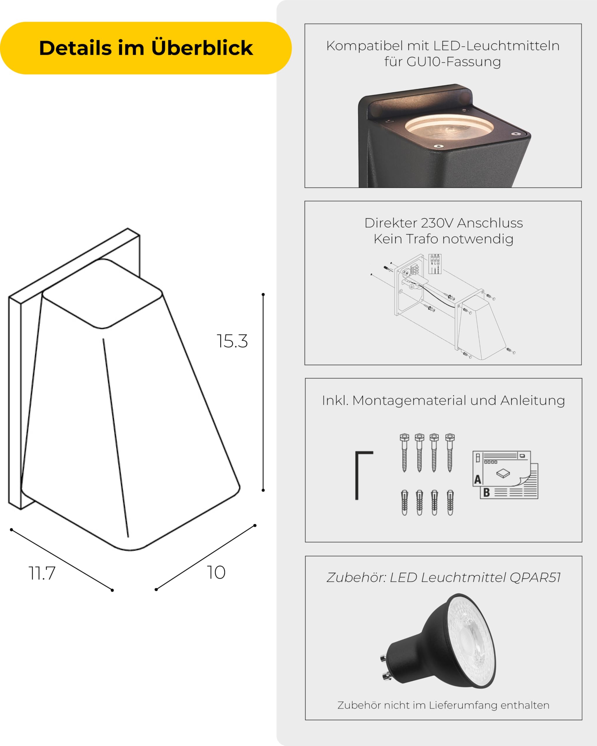 SLV WALLYX | Down-Light zur effektvollen Außenbeleuchtung von Wänden und Hauseingang, LED Strahler, Spot, Wandleuchte, Aussenleuchte, Gartenlampe, Wegeleuchte | GU10, anthrazit, IP44