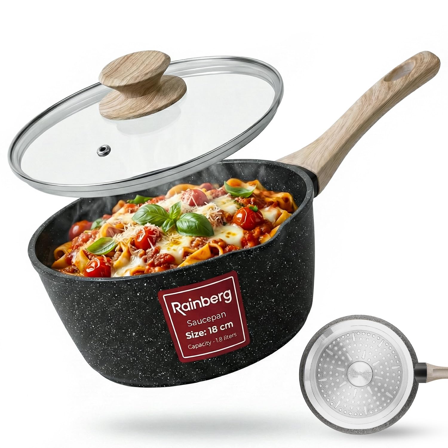 Rainberg Saucepan with Lid, Nonstick Milk Pan Suitable with Induction, Gas and Electric Hobs, Cooking Pot with Pour Spout. (Black, 18cm)