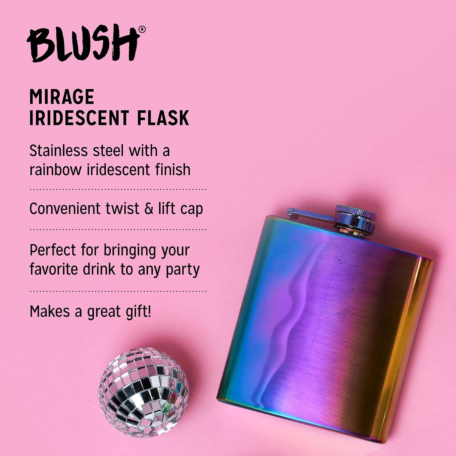 Blush Mirage Stainless Steel Metal Flask for Women, Drinking Flasks for Whiskey, Vodka, Tequila, Bachelorette Wedding Party, 6 oz, Set of 1 Iridescent