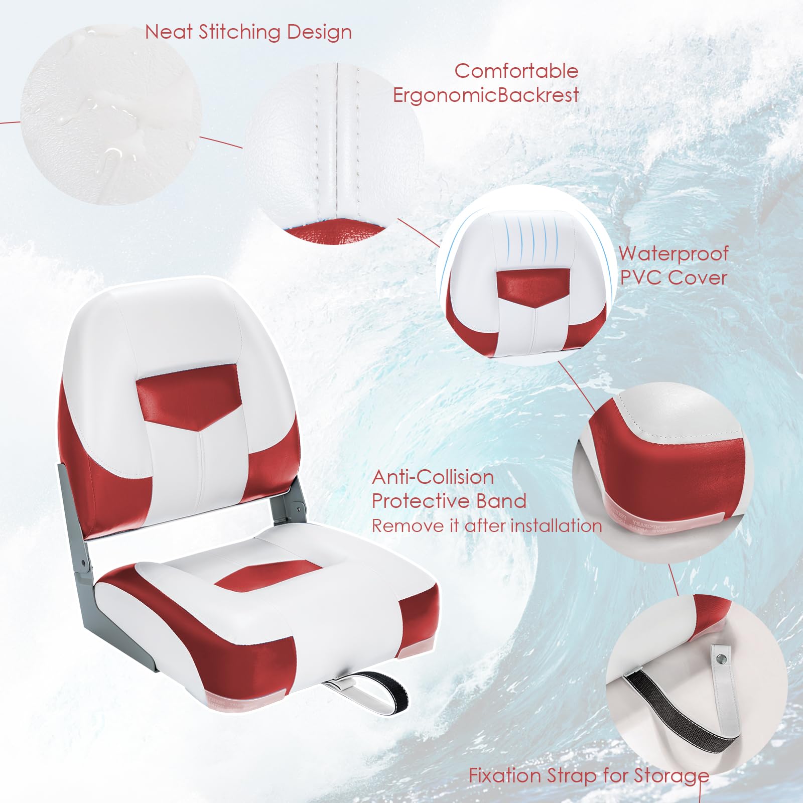 HOMASIS Juego de 2 Asientos de Barco Plegables Ergonómicos con Cuero de PVC Impermeable y Acolchado de Esponja, para Velero Barco de Pesca Yate, Carga de 100 kg, 50 x 52 x 42 cm Rojo