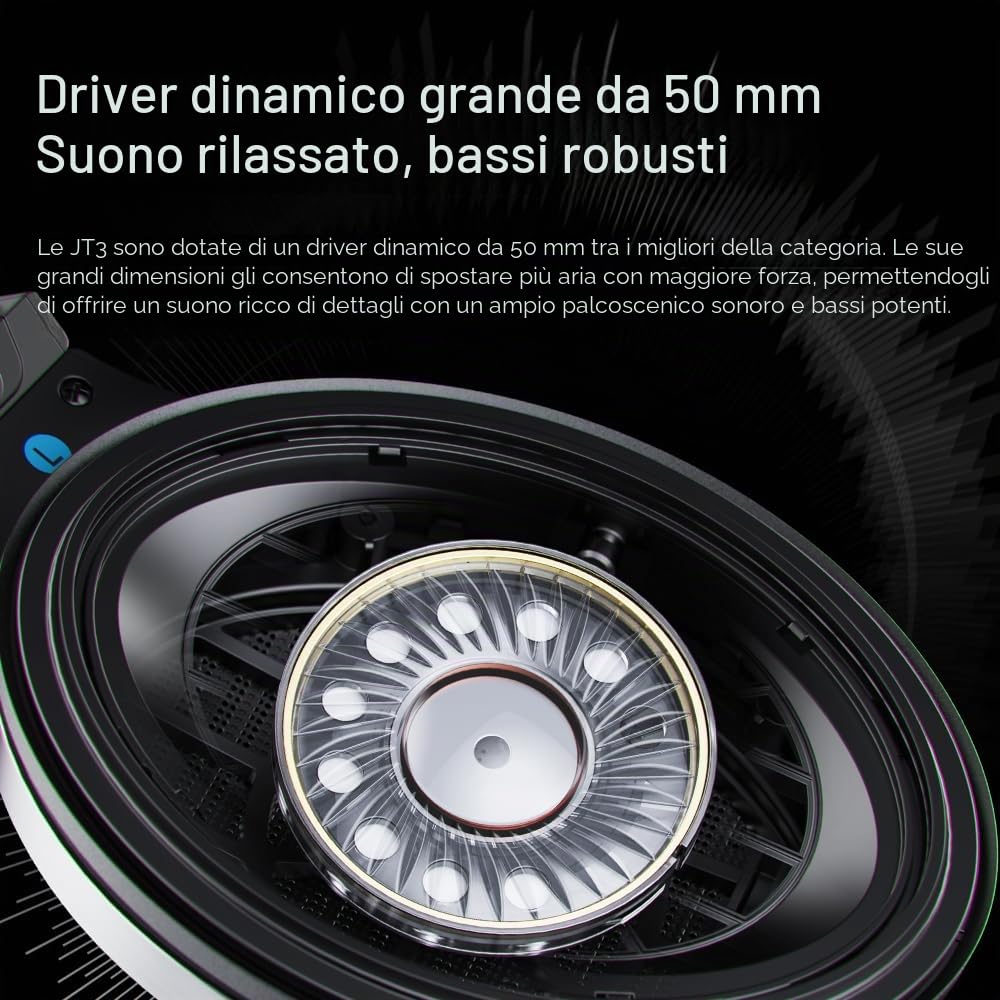 FiiO JT3 Cuffie Over-Ear Open-Back, Driver Dinamico da 50 mm, PEK+PU, cavo staccabile da 3,5 mm con microfono per musica e giochi (Nero)