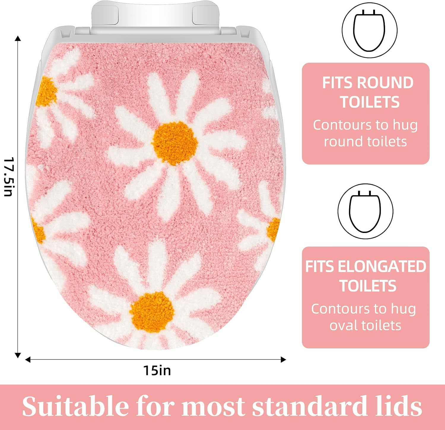 Pink flower bathroom toilet lid, cute daisy toilet lid cover, machine washable, beautiful and soft bathroom decoration suitable for most round, oval and long toilet seats (Pink)