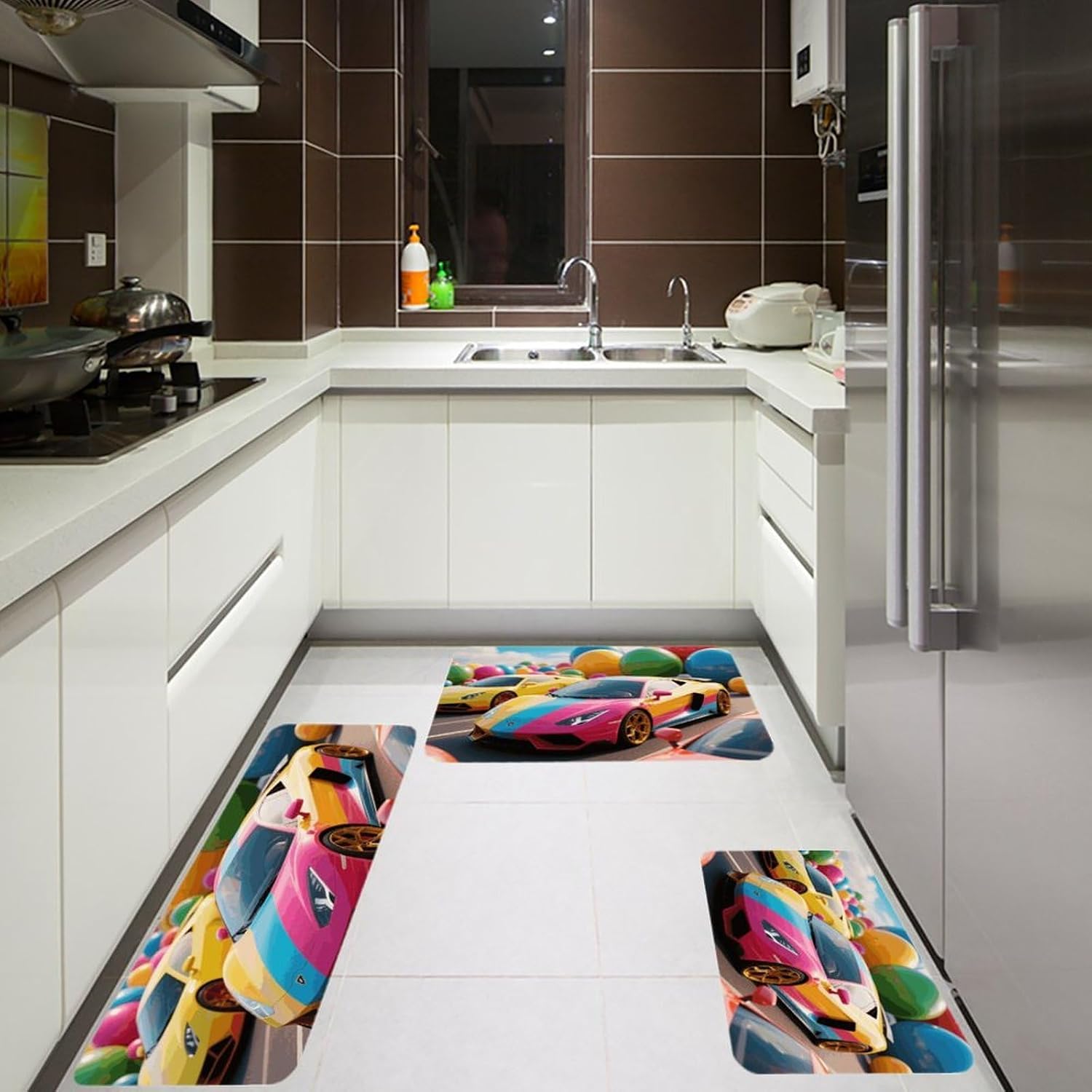 Colorful Balls & Cars Kitchen Mats for Floor 3 Pcs Kitchen Rugs