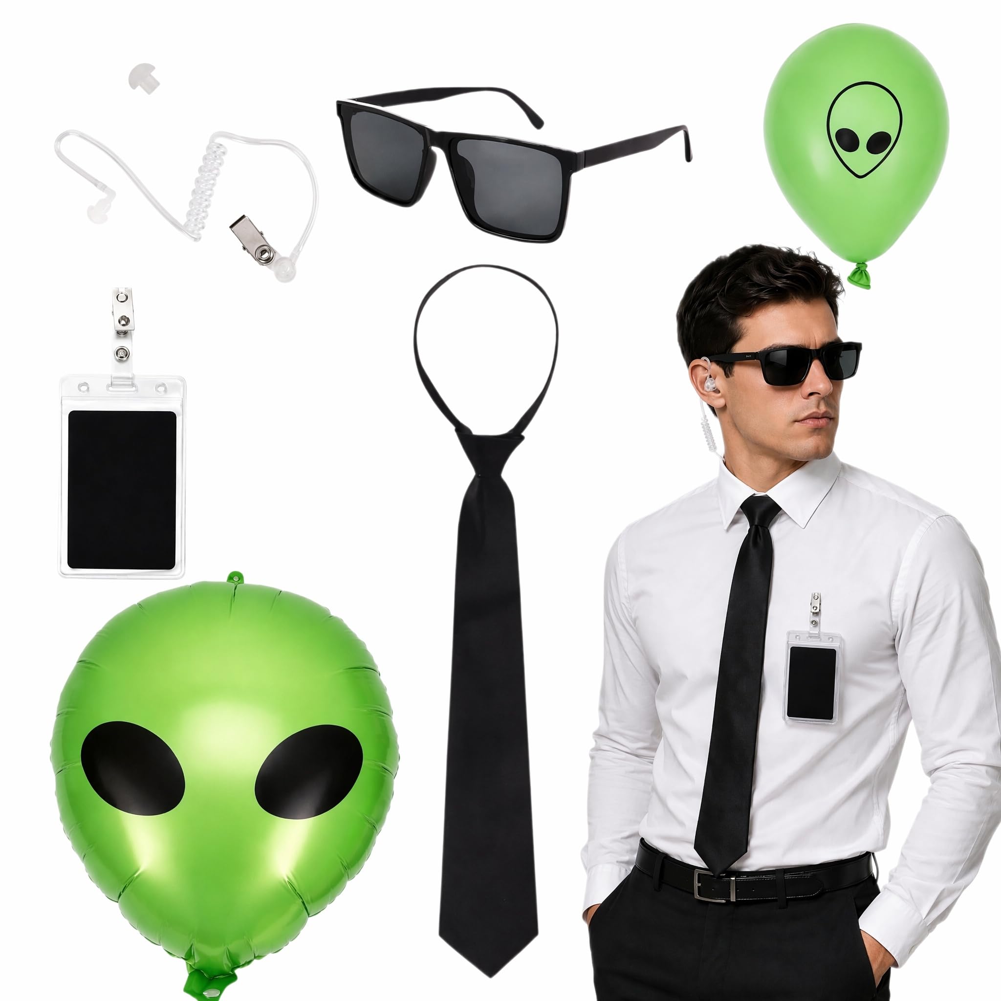 Agent Costume Accessories 6Pcs, Secret Security Service Spy Outfit With 2 Alien Balloons, Tie Headset Sunglasses, Card Holder, In Black Costume Men For Halloween World Book Day Cosplay(balloons)