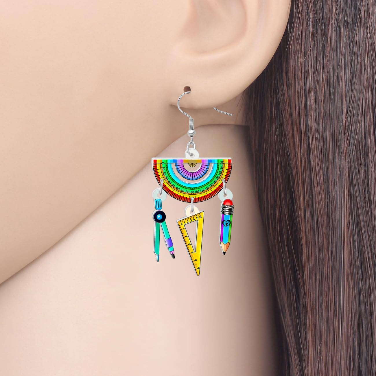 TIZURO Acrylic Back to School Novelty Pencil Ruler Crayon Earrings Fun Class Supplies Dangle Jewellry For Women Teacher's Day Party Charms Gifts (Multi) - Image 2
