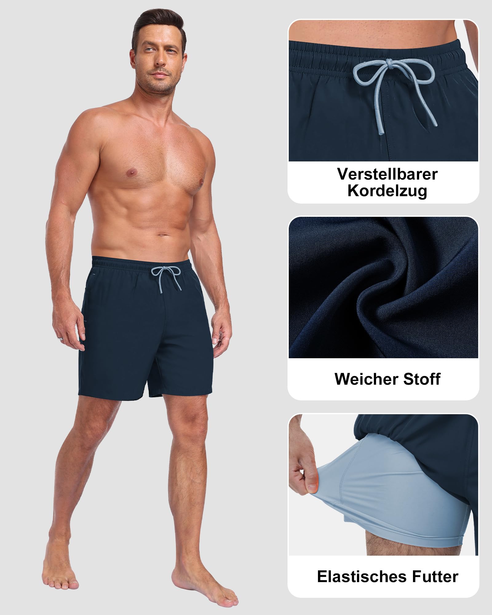 Short de bain pour homme 2 en 1 avec poche zippée, short de sport court pour homme
