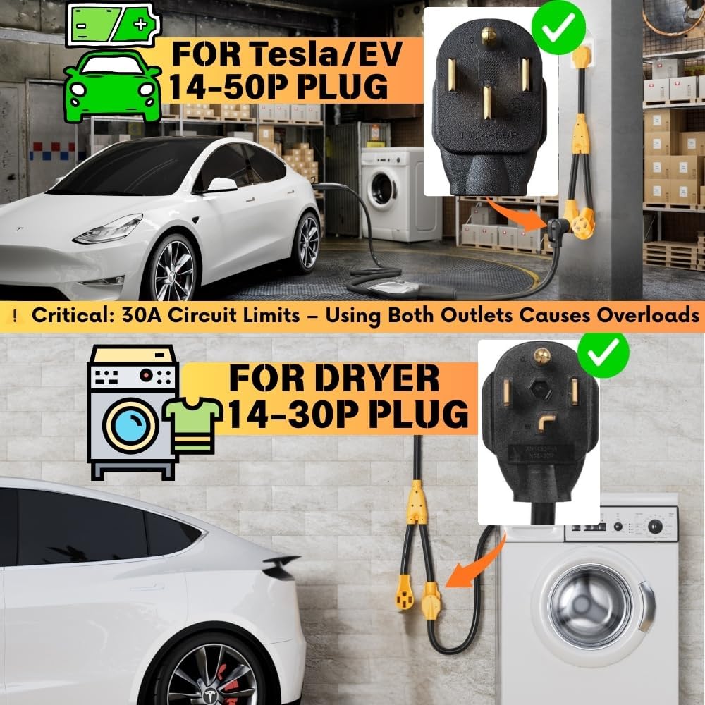 MECMO NEMA 14-30P to 14-50R EV and 14-30R 4-Prong Dryer Outlet Splitter for Modern 14-30R Receptacles Only, One Device at a Time Max 30A Shared, 24A Level 2 EV Charging, ETL Listed