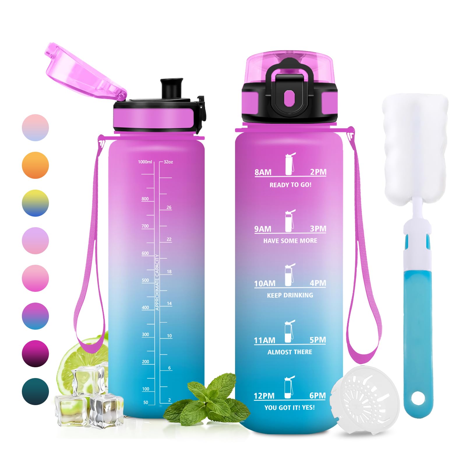 JAPORIA 1L BPA-Free Water Bottle with Time Markers Leak Proof Filter Water Bottle for School Office Gym