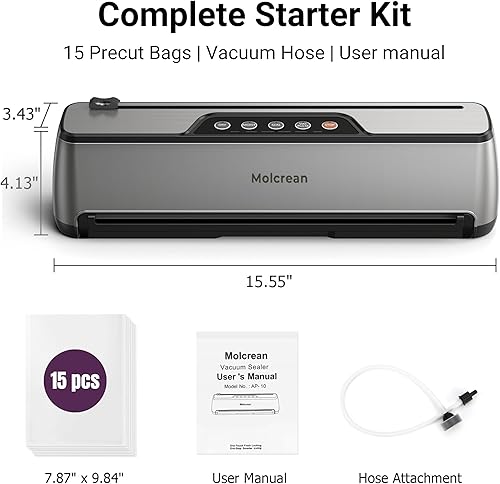 Miniatura 6 de Máquina selladora al vacío, ultra compacta y totalmente automática con cortador integrado, sellador al vacío de alimentos de alto rendimiento de 85