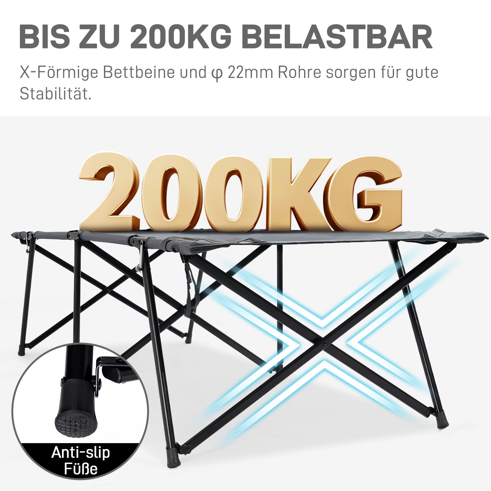EVER ADVANCED Feldbett Klappbar XXL Campingbett 200KG Belastbar Klappbett 214 x 79 x 50 cm, Breite Feldbett mit Seitentasche, Stabil & Tragbar für Camping Reisen Garten Outdoor und Indoor