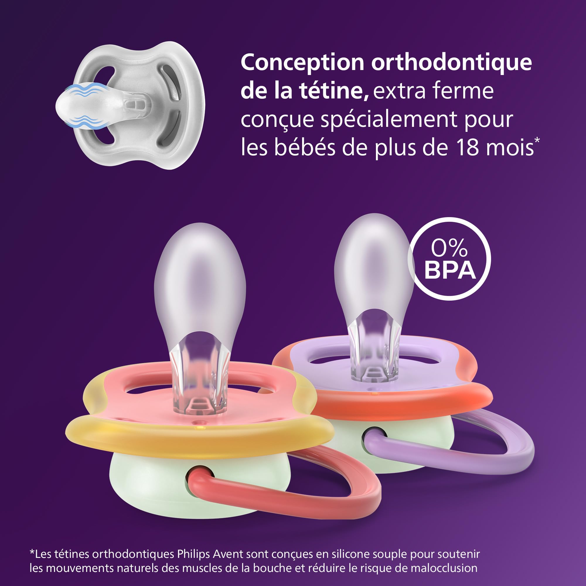 Philips Avent chupetes ultra air para la noche: diseño anatómico, para bebés a partir de 18 meses, brillo en la oscuridad, tetina simétrica de silicona extrafirme, sin BPA, paquete de 2, SCF376/33 - 3