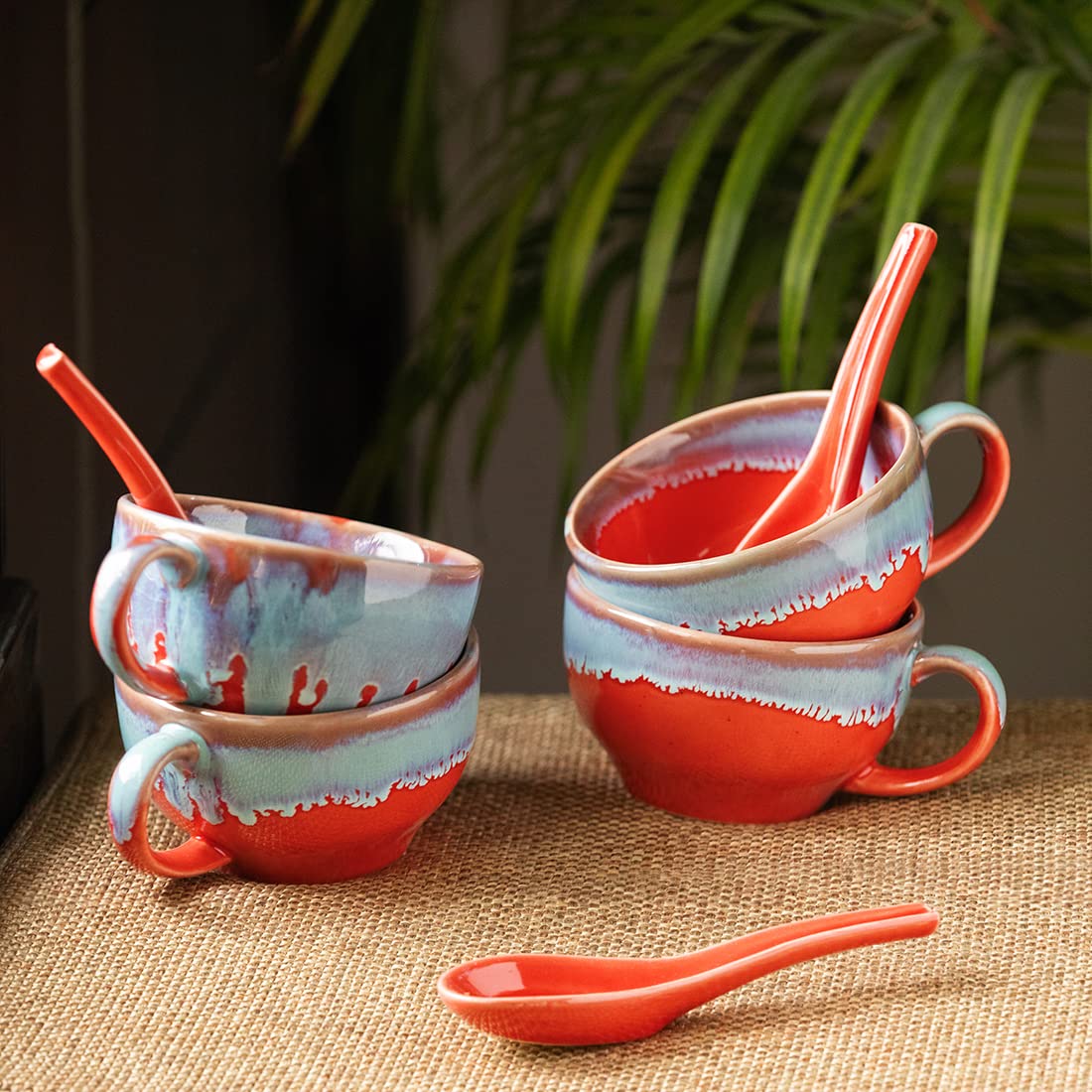 ExclusiveLane Ceramic Handled Soup Bowl with Spoon 'Coral Reef' Hand