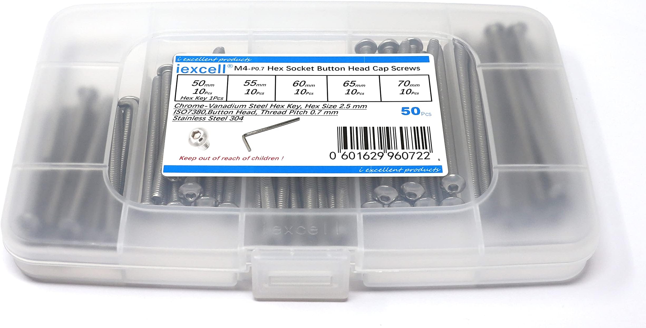 iExcell 50 Pcs M4 x 50/55/60/65/70 mm Stainless Steel 304 Hex Socket Button Head Cap Screws Bolts Assortment Kit