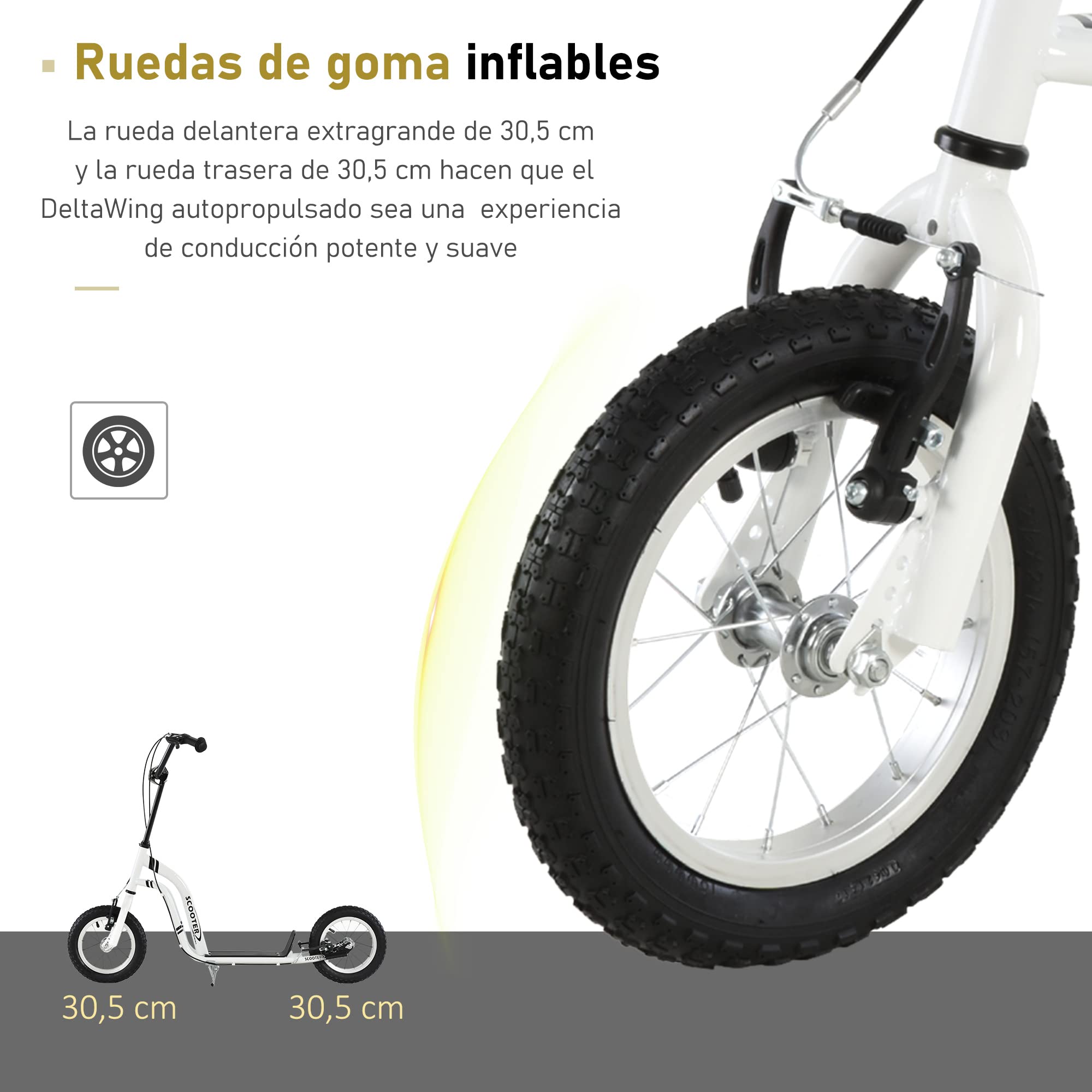 HOMCOM Patinete con Frenos Mayores de 5 Años 120x58x85-95 cm Blanco | para Niños, Scooter, 2 Neumáticos Inflables de Caucho, Manillar Ajustable, Pedal Antideslizante