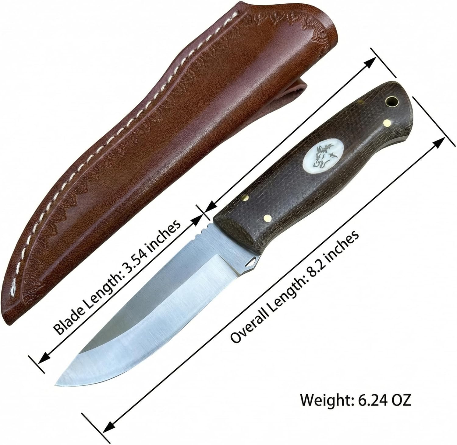 Fixed Blade Knife with Leather, 3.54" D2 Steel Survival Knives for Camping, Bushcraft, Hunting Ergonomic Flax Handle Outdoor Survival Gear Gift for Men