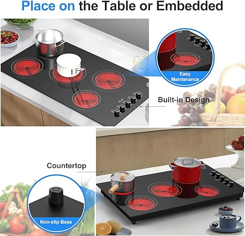 Miniatura 4 de VBGK Estufa eléctrica de 36 pulgadas, estufa eléctrica incorporada, estufa de cerámica, 5 quemadores, control de potencia de 8000 W por perilla,