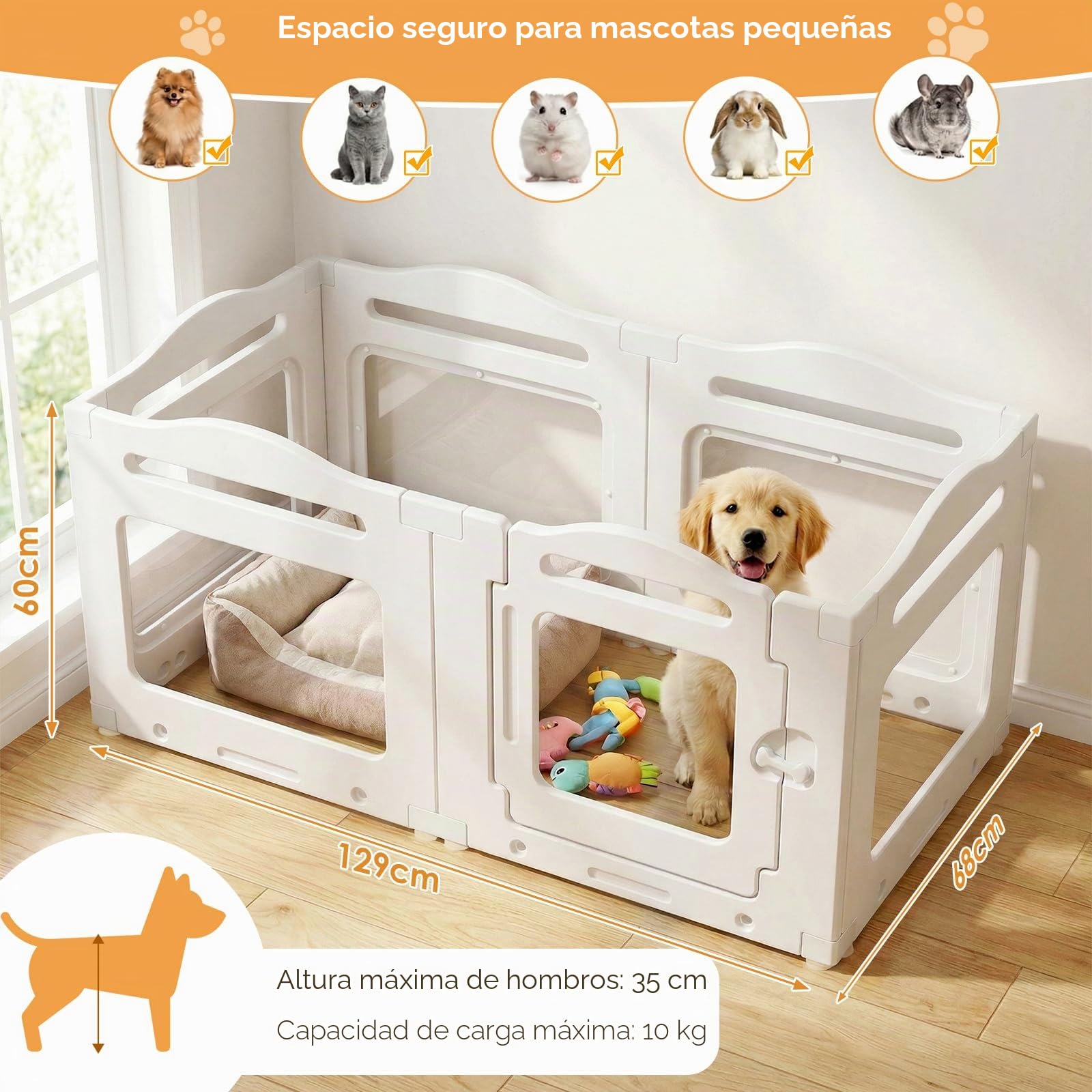 MAMIZO Parque para Perros en Acrílico Transparente 129 × 68 × 60 cm | Plegable Recinto para Perros con Ventosas, 6 PCS Paneles Caja de Parto para Animales con Puerta, Blanco