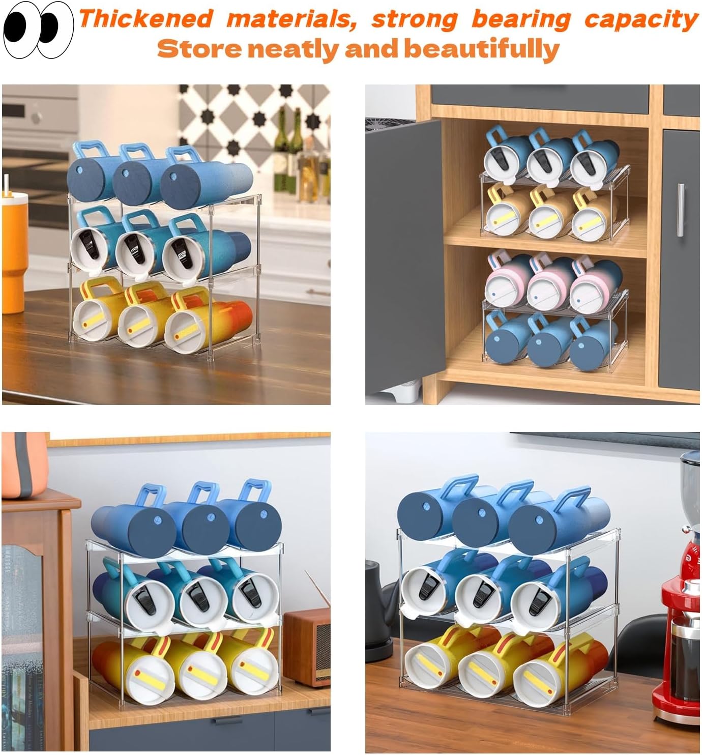 3 Tier Stackable Water Bottle Organizer – Larger Compartments for 40 oz Stanley/Yeti Tumblers, Clear Storage Holder & Wine Rack, Cup Organizer for Kitchen Cabinets/Counter/Pantry - Image 4