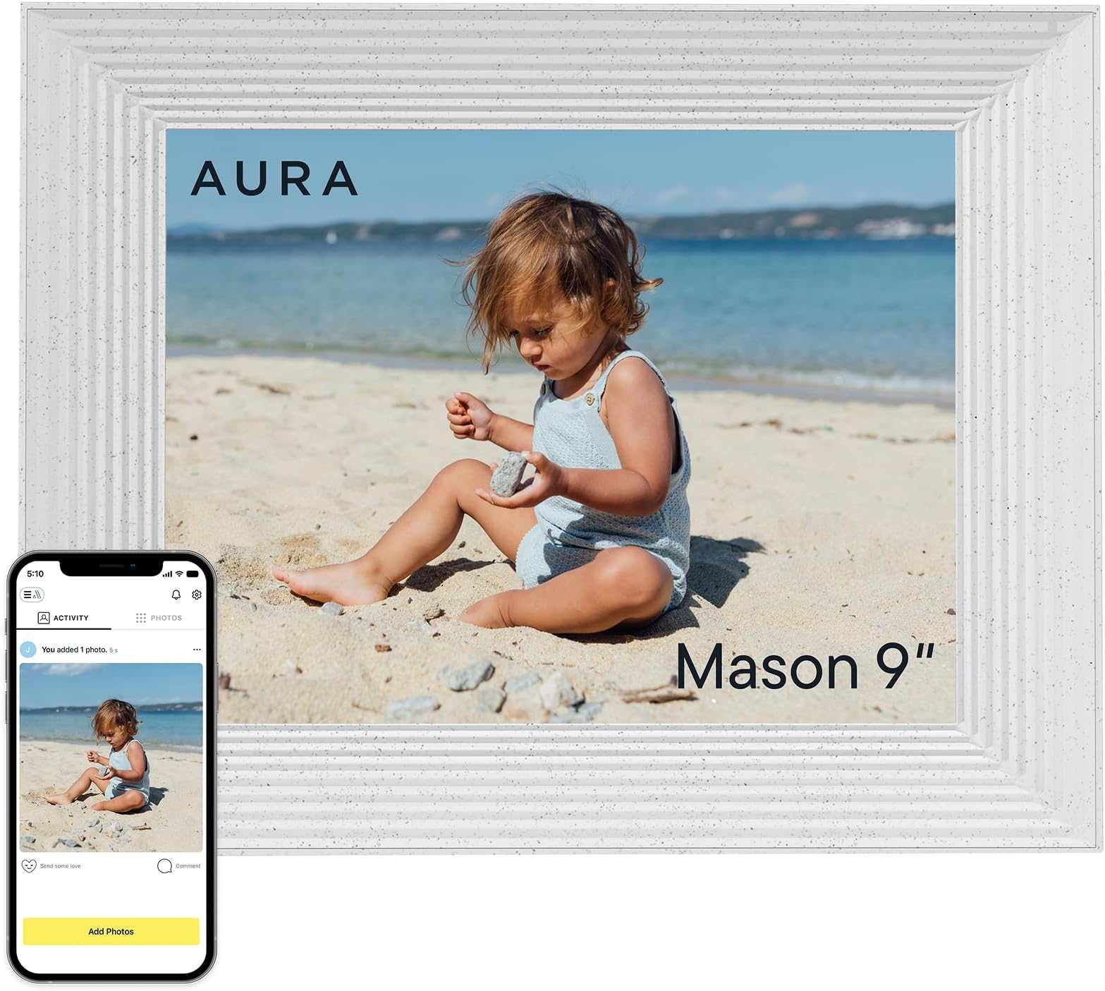 Aura Mason WiFi Digital Picture Frame | The Best Digital Frame for Gifting | Send Photos From Your Phone | Quick, Easy Setup in Aura App | Free Unlimited Storage | White Quartz