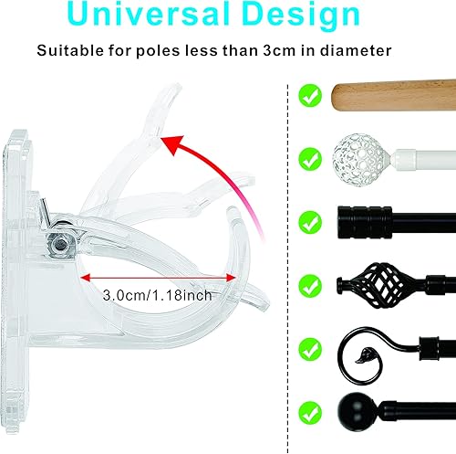Miniatura 5 de 2 piezas/4 soportes para barra de cortina transparente, soporte universal autoadhesivo para barra de cortina para poste de 10 a 1.181 in de diámetro