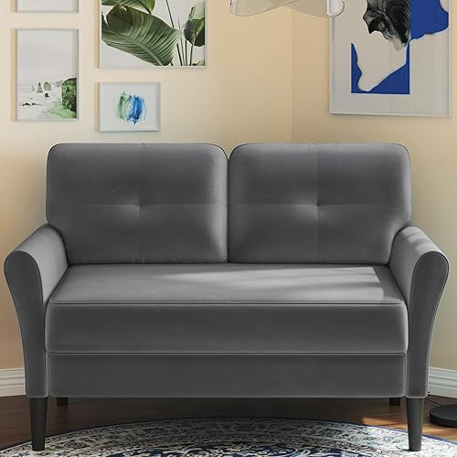 48" Loveseat Sofa, Comfy Velvet Love Seat Couches, Small Couch for Bedroom with 21" Deep Seat, Tool-Free Setup Small Loveseat for Small Space, 500LB Load Small Sofa Couch, Grey Couch