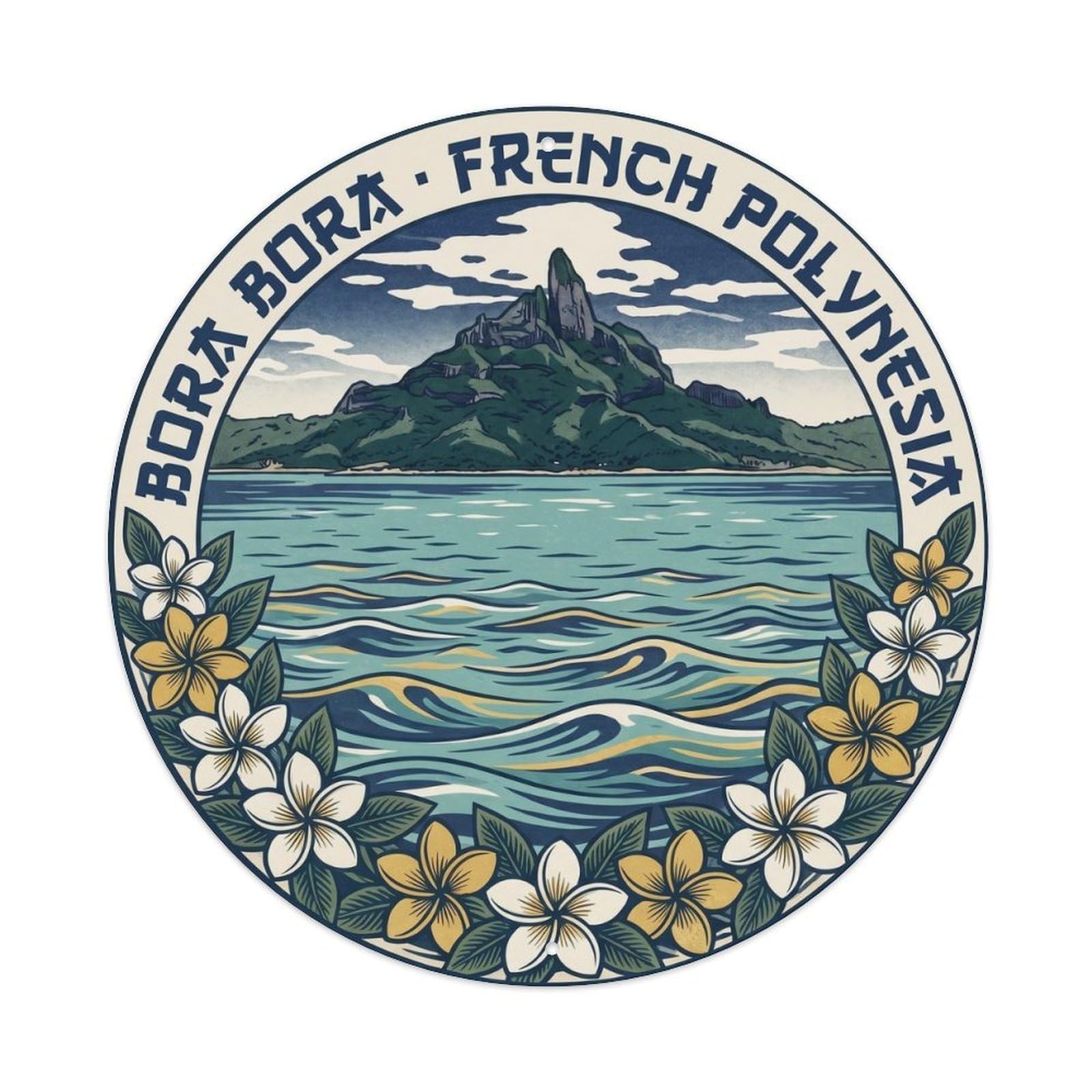 Olhnbad Style Tiare Borabora Otemanu Lagoon Garland Woodblock Metal Tin Sign