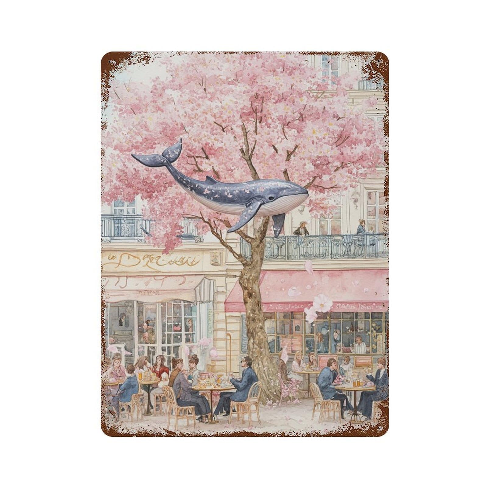 Distressed Metal Wall Sign with Whale in Cherry Blossom Cafe-1 Design 15.7"x11.8", for Cafe, Home Bar And Lounge Decor, Retro Wall Decor