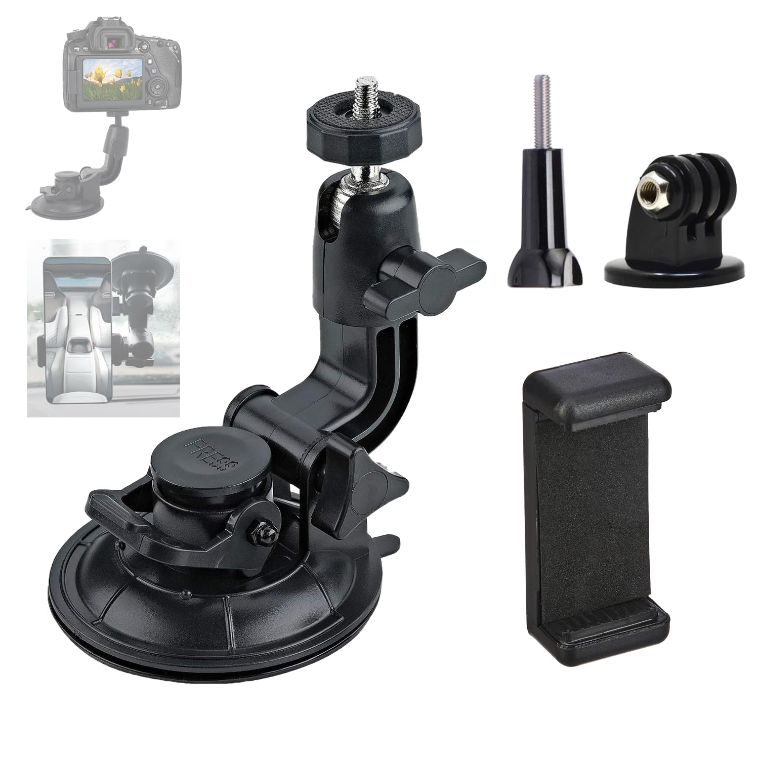 LXCN Car Suction Cup Mount with Phone Holder Action Camera Windshield Window Mount, Compatible for Go Pro Hero 13 12 11 10 9 8 7/for Insta 360 X3 X4 X5/ DJI Action 3 4 5 pro Pocket 3 Accessories
