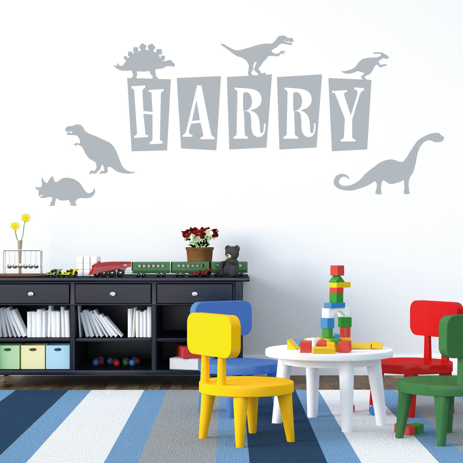 Personalised Name - Dinosaurs, T-Rex, Apatosaurus, Jurassic Era - Children's Bedroom Vinyl Wall Decal Sticker [Medium] [Silver]