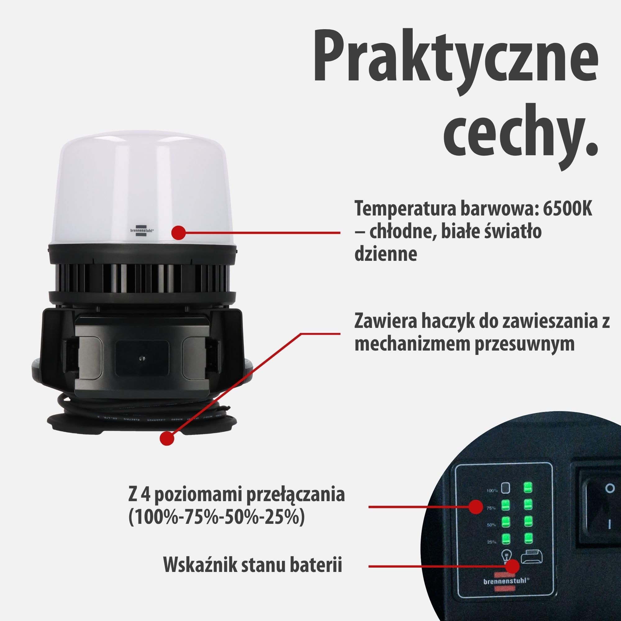 Brennenstuhl Professional Multi Battery LED 360° Hybrid Reflektor budowlany 12050 MH (12000lm, IP54, kompatybilny z akumulatorami 18V od 10 różnych producentów, kabel RN 5m, bez akumulatora)
