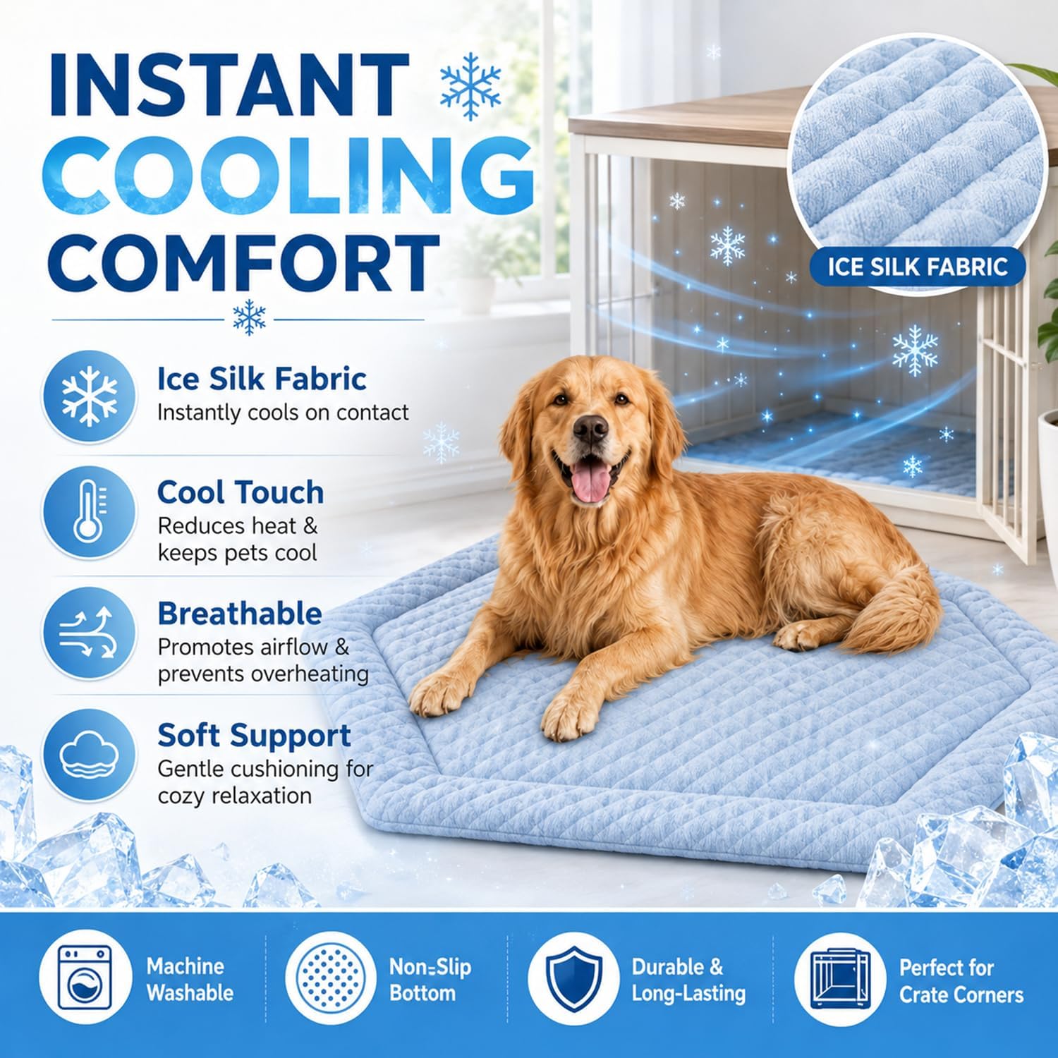 Fanfanwin 42.5 x 23.8 Inch Corner Dog Crate Mat Bed for Large Dogs, Washable Kennel Pad for Furniture Dog Crate, Ice Silk Cooling Pet Bed Insert Soft Summer Pet Sleeping Mats for Indoor Use (Mat Only)