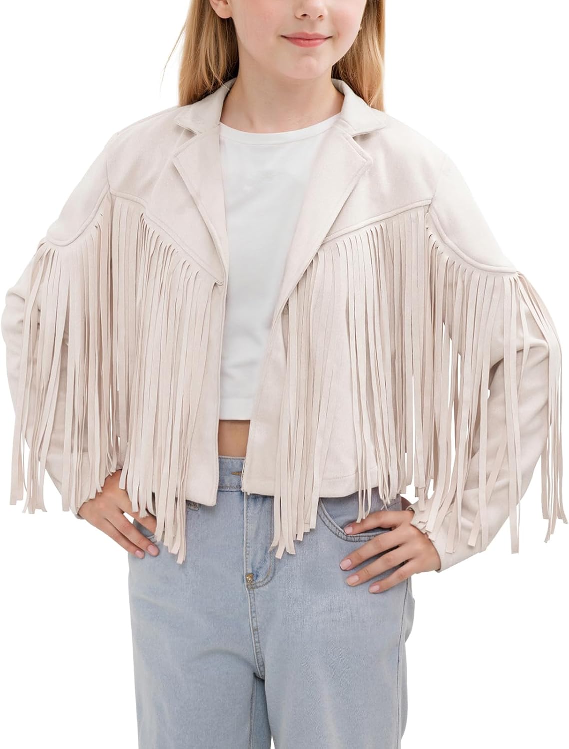 Noomelfish Girls Fringe Faux Suede Leather Jackets Kids Western Tassels Motorcycle Cardigan Cropped Coats (5-14 Years)