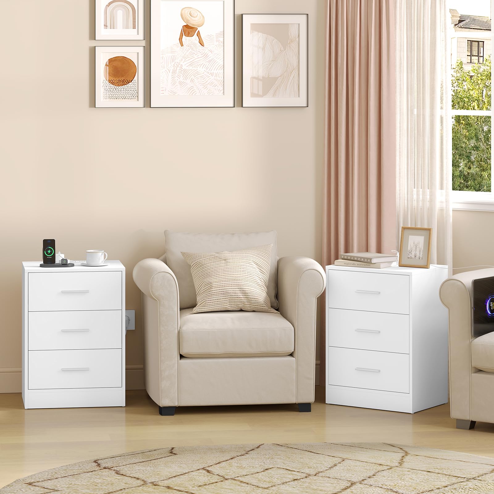 WOLTU Mesitas de Noche, Mesas de Centro con Enchufes, Mesitas de 3 Cajones, Mesillas de Noche para Dormitorio, Salón y Estudio, Blanca, MDF, 39x28,5x54,5 cm