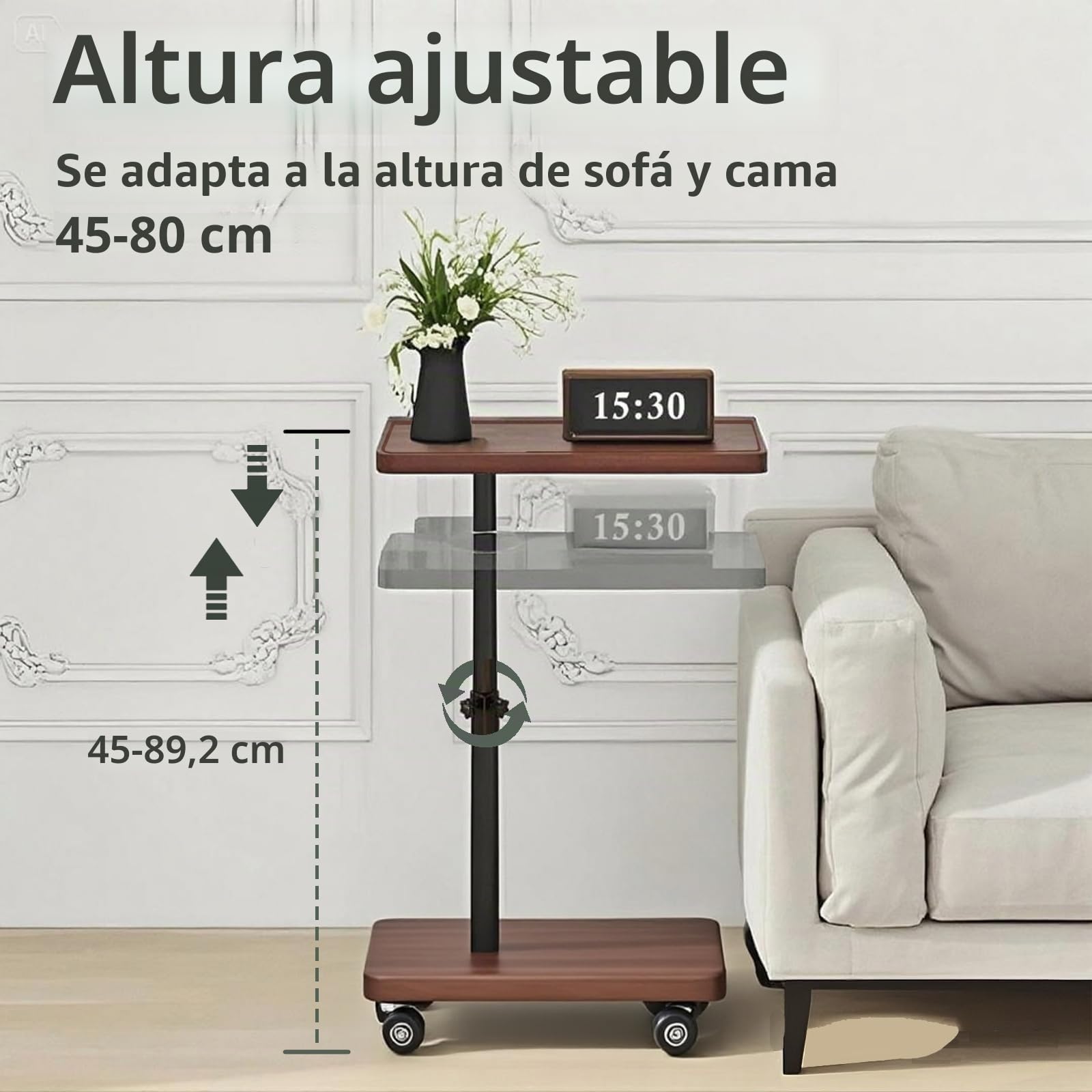 Mesa Auxiliar en Forma de C de Madera, Mesa de sofá giratoria 360°, Altura Ajustable Mesa Auxiliar con Ruedas (45cm-80cm), Auxiliar Sofa para Salones,ara Dormitorio O Oficina