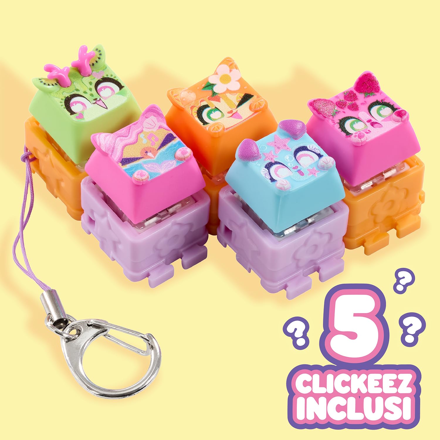 CLICKEEZ Multipack Serie 2 – 5 Mini Figure Kawaii da Cliccare – Keycap Trasformabile con Portachiavi – Fidget Toy Sensoriale con Effetto ASMR – Gioco Collezionabile – Da 6 Anni