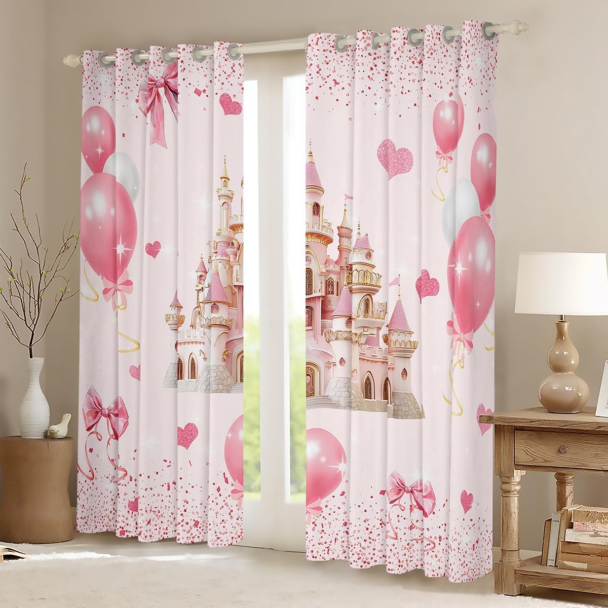 Homewish Rideau Occultant 30%-50% Fille Princesse Rose, Rideau Château Rose pour Enfant Ado, Rideau Voilage Nœud Papillon Kawaii, Voilage Fenetre Coeur d'amour Doux, 140x260 cm, 2 Panneaux