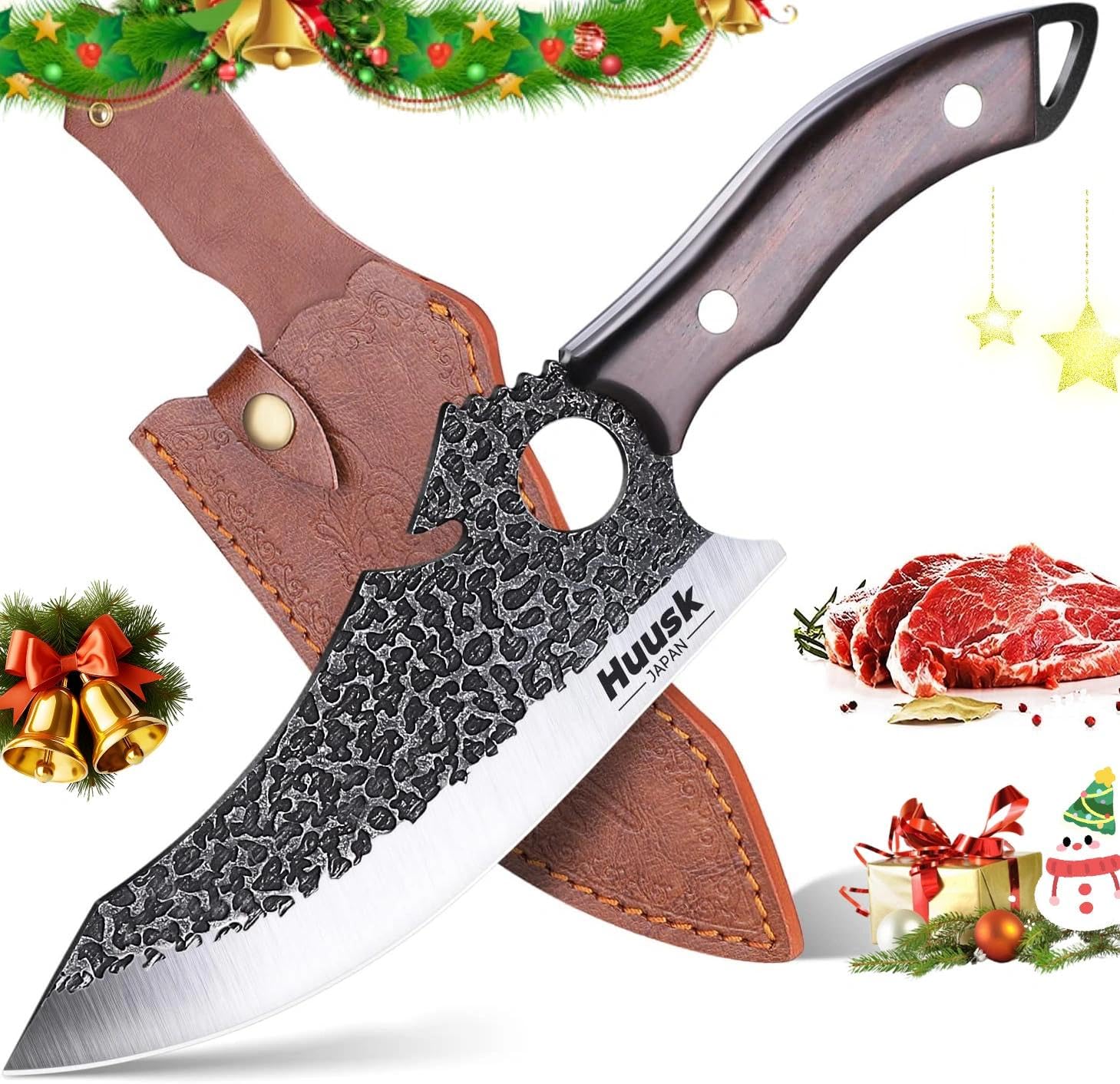 Huusk Japan Knife for Meat Cutting, Caveman Knives for Vegetables Butcher Knife with Full Tang Handle Viking Knives with Opener & Sheath for Kitchen BBQ Camping Christmas Gift for Men and Women