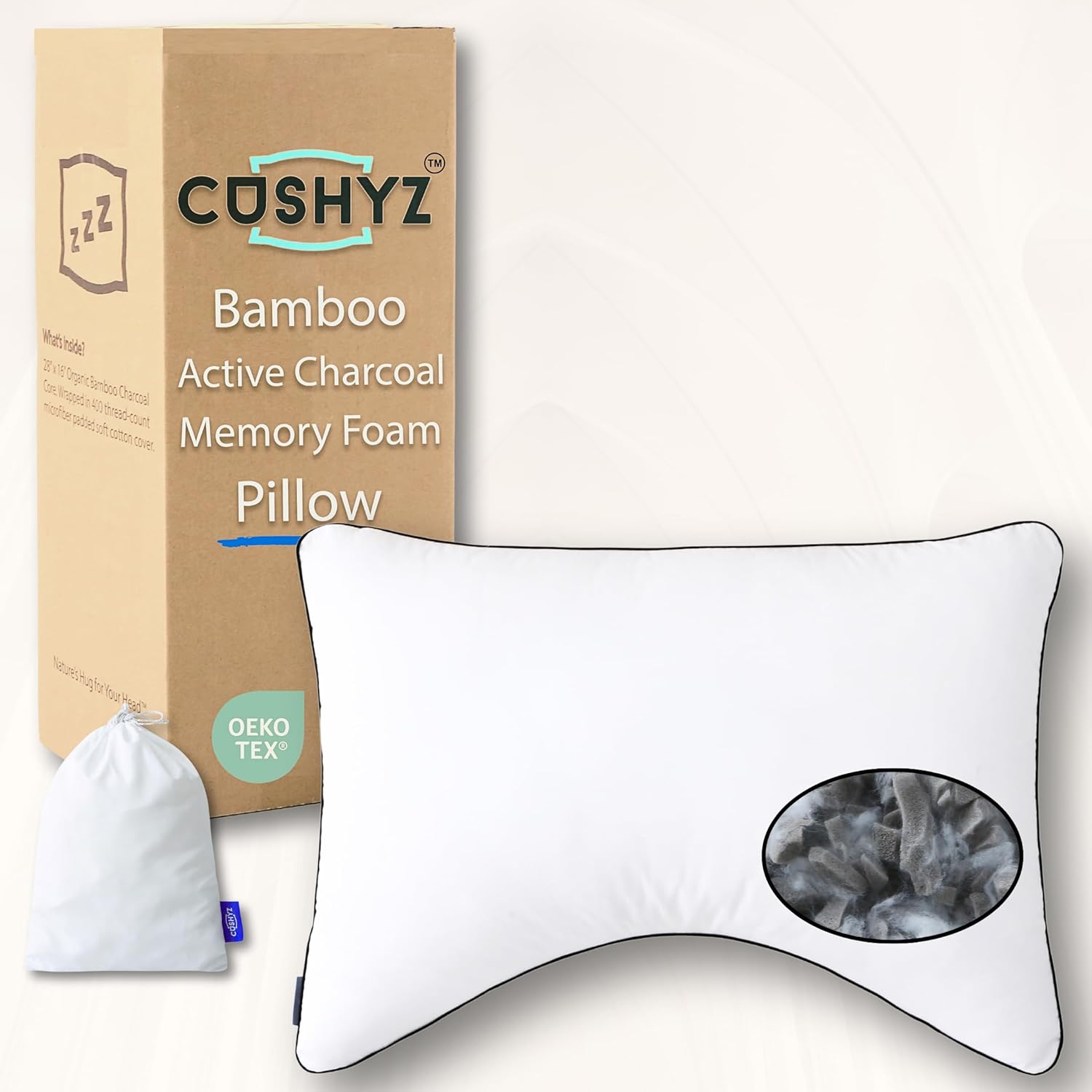 Adjustable Bamboo Charcoal Memory Foam Pillow – 28x20 Moon-Shaped Design for Neck & Shoulder Support – 400TC Organic Cotton Cover with Plush Padding – for Back, Side & Stomach Sleepers