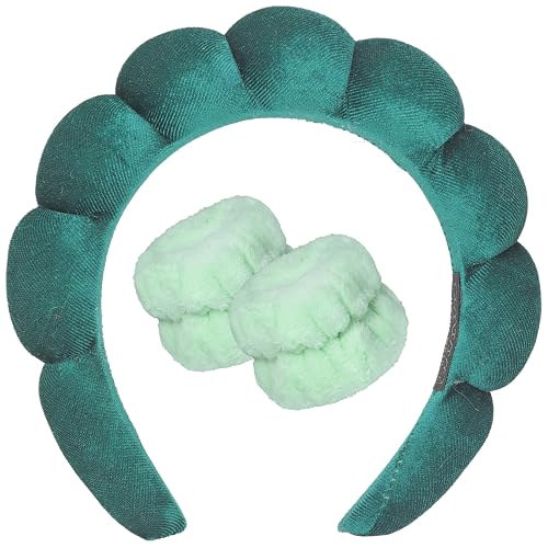 DRESHOW Spa Stirnband zum Waschen Gesicht Wristband Set Schwamm weiches Frottee Make-up Hautpflege Anti-Rutsch-Stirnband für Damen - 1 Set: 83b-green