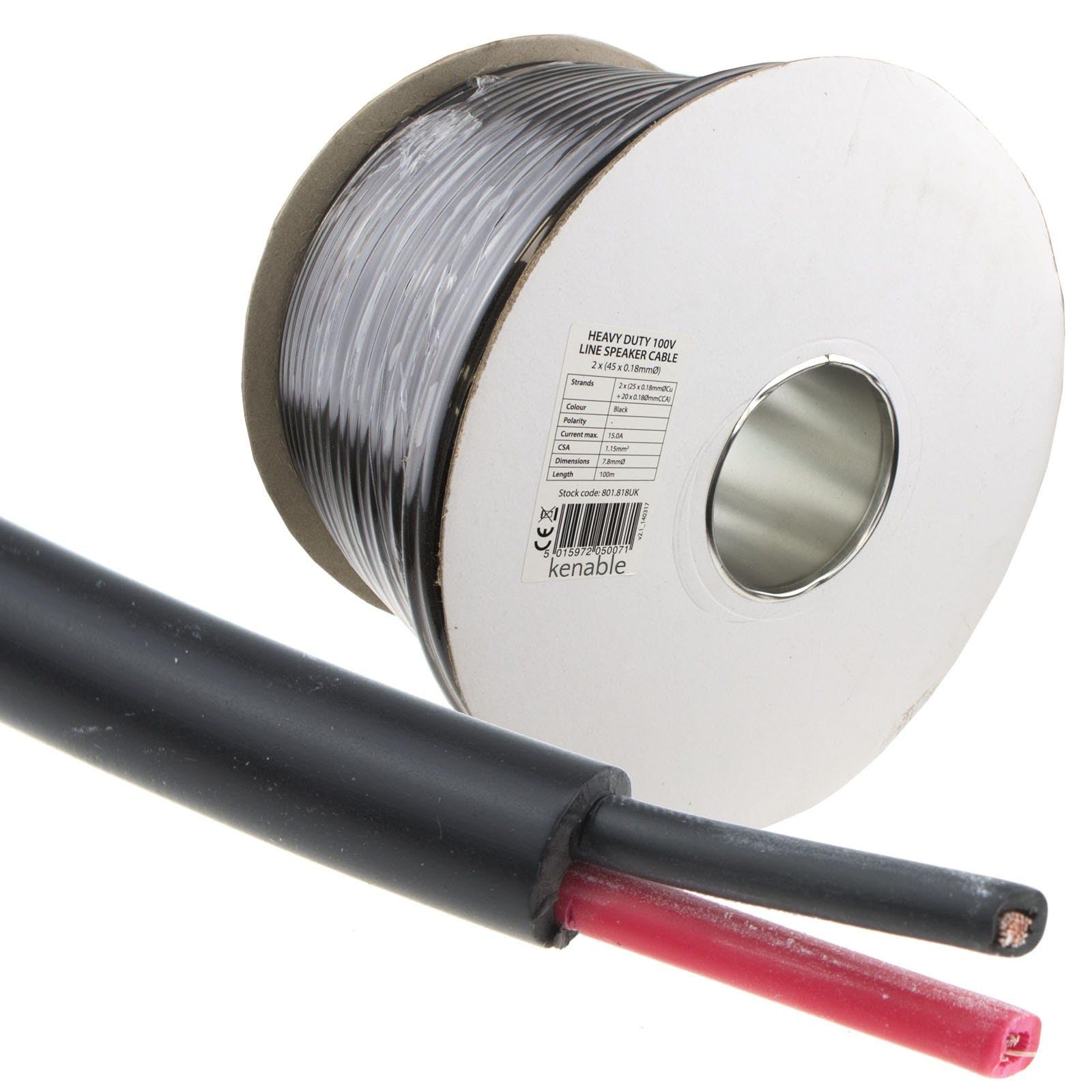 kenable Câble Haut-Parleur Ligne 100V 2 Cœurs 2x45x0.18mm 15A Double Isolation Noir 100 m [100 mètres/100m]