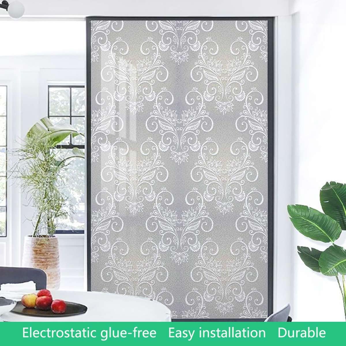 Grey White Window Film No Glue Privacy Glass Film Swirled Branches Curved Flower Leaves Window Privacy Film Frosted Removable Glass Covering Floral 31.5Wx62.9L-inch