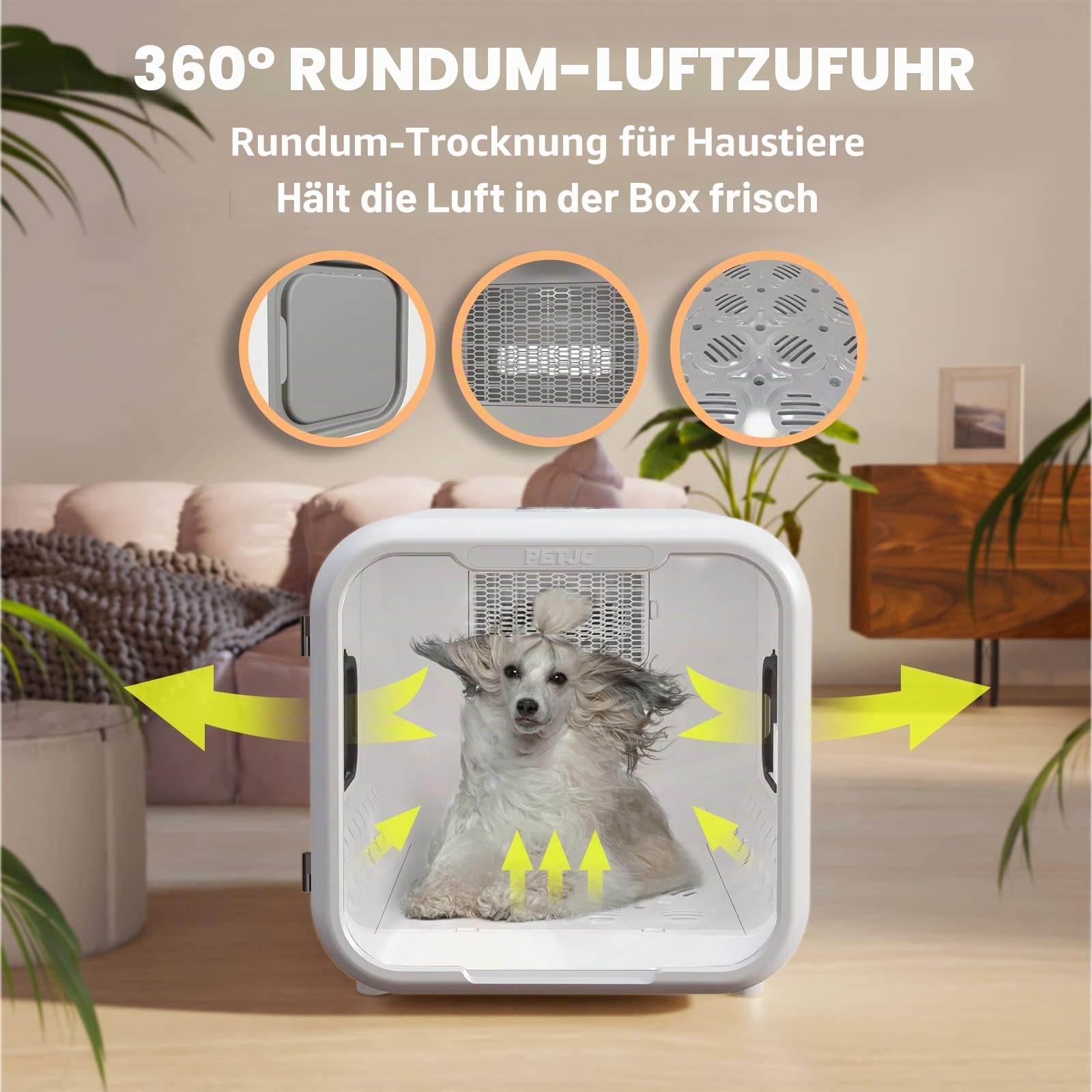 PETJC Automatischer Haustiertrockner für Katzen und kleine Hunde,Ultraleiser Hundefön für Hundepflege mit 360°-Trocknung,Hundefön 71L Kapazität mit intelligenter Temperaturregelung