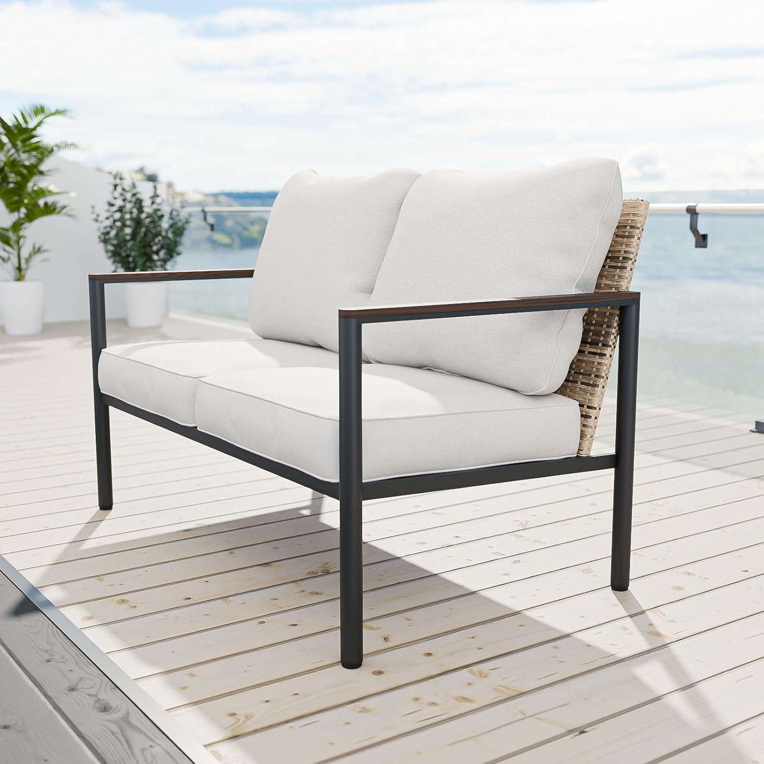 Cabana Chic Modern Wicker Outdoor Patio Sofa, 2 Seat Loveseat Sofa for Deck, Poolside, Backyard and Patio, Brown/Beige