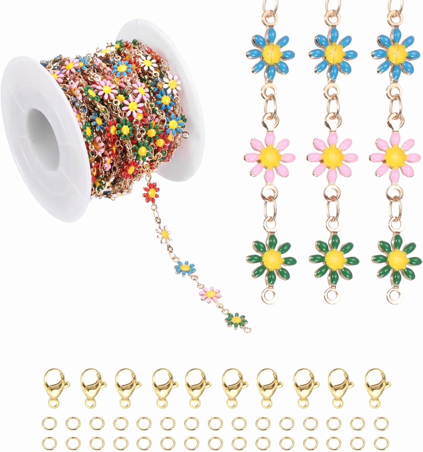 PATIKIL 16.4Ft Colorful Flowers Chain Roll, Jewelry Making Chain Links Bulk with Lobster Claps Jump Rings for Jewelry Making Findings DIY Craft Necklace Bracelets, Multicolor