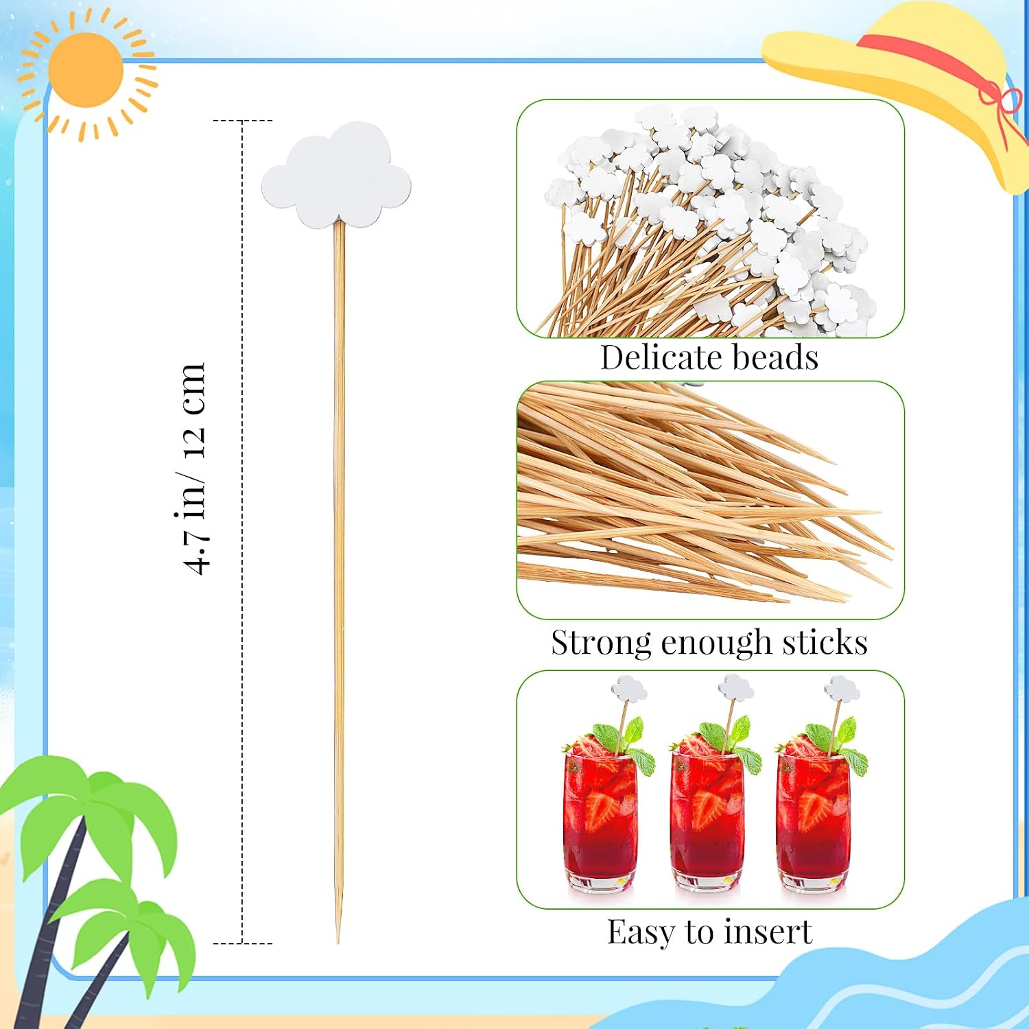 Queekay White Cloud Cupcake Toppers Cocktail Food Picks, White, 100 Pcs