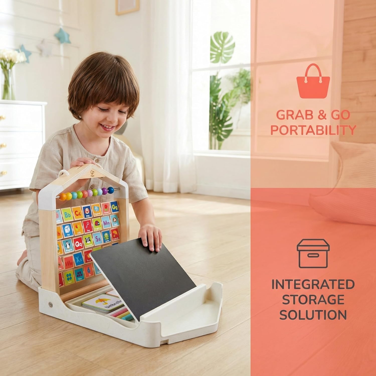 Hape Alphabet Learning Pack & Chalkboard Set for Toddlers - 35 Letter and Number Cards with Writing Board and Chalk - Educational STEM Toy for 3-6 Year Olds - Portable Travel Learning Case